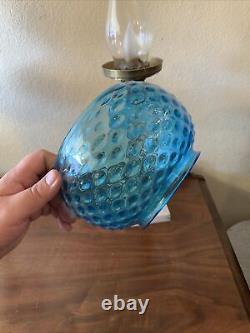 VINTAGE Antique Oil TABLE LAMP GWTW BANQUET Parlor GLASS With SHADE Blue Coin Dot