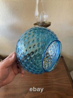 VINTAGE Antique Oil TABLE LAMP GWTW BANQUET Parlor GLASS With SHADE Blue Coin Dot