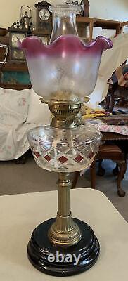 VINTAGE Antique Oil TABLE LAMP GWTW BANQUET Parlor GLASS With SHADE Flash Slough