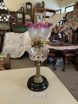 VINTAGE Antique Oil TABLE LAMP GWTW BANQUET Parlor GLASS With SHADE Flash Slough