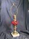 VINTAGE Electric BRASS RED GLASS VICTORIAN STYLE OIL LAMP ON A MARBLE BASE