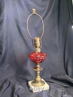 VINTAGE Electric BRASS RED GLASS VICTORIAN STYLE OIL LAMP ON A MARBLE BASE
