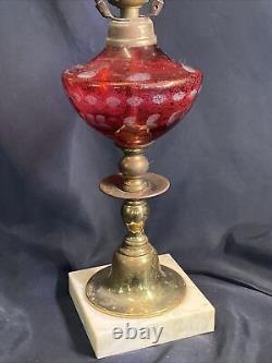 VINTAGE Electric BRASS RED GLASS VICTORIAN STYLE OIL LAMP ON A MARBLE BASE