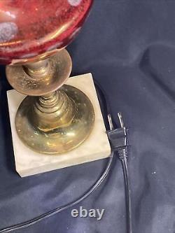 VINTAGE Electric BRASS RED GLASS VICTORIAN STYLE OIL LAMP ON A MARBLE BASE