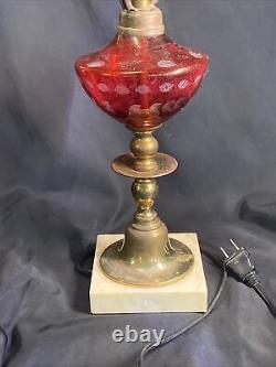 VINTAGE Electric BRASS RED GLASS VICTORIAN STYLE OIL LAMP ON A MARBLE BASE