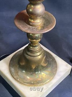 VINTAGE Electric BRASS RED GLASS VICTORIAN STYLE OIL LAMP ON A MARBLE BASE