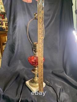 VINTAGE Electric BRASS RED GLASS VICTORIAN STYLE OIL LAMP ON A MARBLE BASE