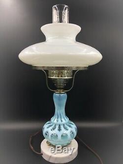 VINTAGE FENTON BLUE COIN DOT Table LAMP MILK GLASS SHADE GWTW Oil Light MARBLE