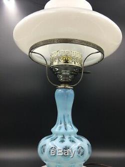 VINTAGE FENTON BLUE COIN DOT Table LAMP MILK GLASS SHADE GWTW Oil Light MARBLE