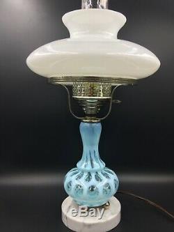 VINTAGE FENTON BLUE COIN DOT Table LAMP MILK GLASS SHADE GWTW Oil Light MARBLE