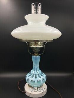 VINTAGE FENTON BLUE COIN DOT Table LAMP MILK GLASS SHADE GWTW Oil Light MARBLE