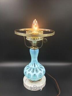 VINTAGE FENTON BLUE COIN DOT Table LAMP MILK GLASS SHADE GWTW Oil Light MARBLE