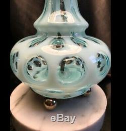 VINTAGE FENTON BLUE COIN DOT Table LAMP MILK GLASS SHADE GWTW Oil Light MARBLE