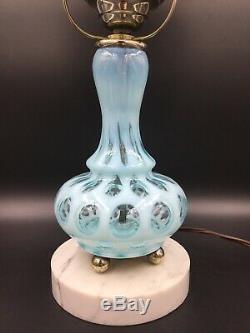 VINTAGE FENTON BLUE COIN DOT Table LAMP MILK GLASS SHADE GWTW Oil Light MARBLE