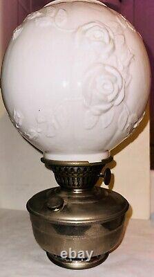 VINTAGE NICKEL PLATE Kerosene OIL LAMP ALADDIN 12 White Flower SHADE WithCHIMNEY