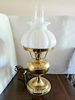 VTG Hurricane Milk Glass Cushion Shade Brass Oil/Electric Table Lamp GWTW