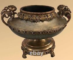 VTG Large Pedestal Ornate Oil Lamp Metal BaseBrassBronzeUrnBowlPlanter