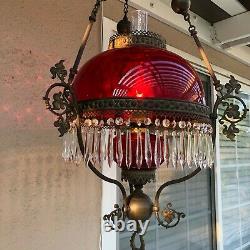 VTG Victorian Hanging Library Oil Lamp withRuby Red Glass Shade, 59 Prisms, 38 H