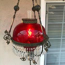 VTG Victorian Hanging Library Oil Lamp withRuby Red Glass Shade, 59 Prisms, 38 H