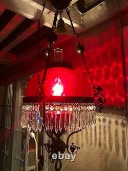 VTG Victorian Hanging Library Oil Lamp withRuby Red Glass Shade, 59 Prisms, 38 H