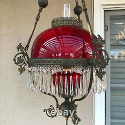 VTG Victorian Hanging Library Oil Lamp withRuby Red Glass Shade, 59 Prisms, 38 H