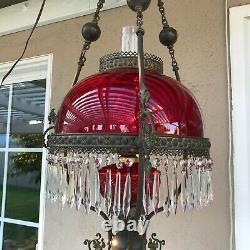 VTG Victorian Hanging Library Oil Lamp withRuby Red Glass Shade, 59 Prisms, 38 H