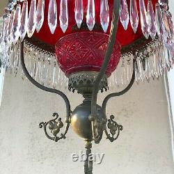 VTG Victorian Hanging Library Oil Lamp withRuby Red Glass Shade, 59 Prisms, 38 H