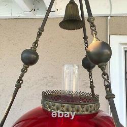 VTG Victorian Hanging Library Oil Lamp withRuby Red Glass Shade, 59 Prisms, 38 H