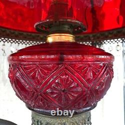 VTG Victorian Hanging Library Oil Lamp withRuby Red Glass Shade, 59 Prisms, 38 H