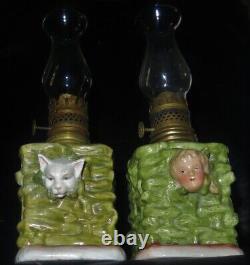 V. Rare Antique Small Pair Brass/Cabochons Oil Lamp 1880's Fabulous Shades Mint