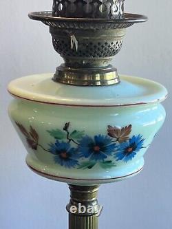 Veritas Antique Victorian Green Hand Painted Floral Glass Duplex Bronze Oil Lamp