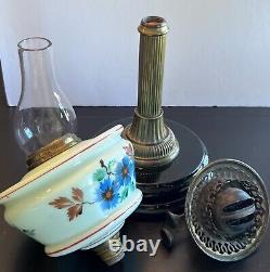 Veritas Antique Victorian Green Hand Painted Floral Glass Duplex Bronze Oil Lamp