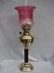 Veritas Centre Draught Oil Lamp, Embossed Brass Base & Font, Cranberry Shade