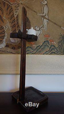 Very Fine & Rare Korean Joseon Dynasty Wood Oil Lamp Stand with Oil Container