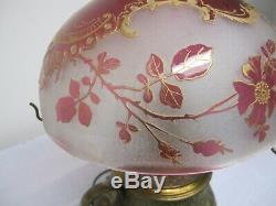 Very Rare Antique Cranberry Cameo Cut Student, Or Parlor Lamp Shade Gold Tracery