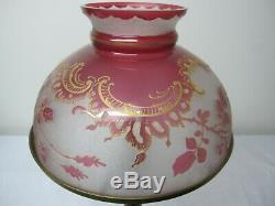 Very Rare Antique Cranberry Cameo Cut Student, Or Parlor Lamp Shade Gold Tracery