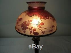 Very Rare Antique Cranberry Cameo Cut Student, Or Parlor Lamp Shade Gold Tracery