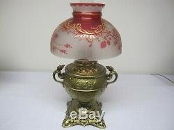 Very Rare Antique Cranberry Cameo Cut Student, Or Parlor Lamp Shade Gold Tracery