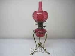 Very Rare Cranberry Diamond Quilt Oil Lamp Font, Shade & Chimney All Matching
