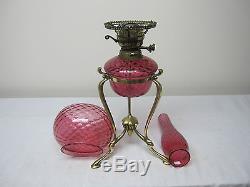 Very Rare Cranberry Diamond Quilt Oil Lamp Font, Shade & Chimney All Matching