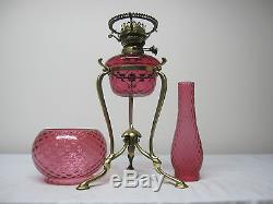 Very Rare Cranberry Diamond Quilt Oil Lamp Font, Shade & Chimney All Matching