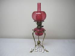 Very Rare Cranberry Diamond Quilt Oil Lamp Font, Shade & Chimney All Matching