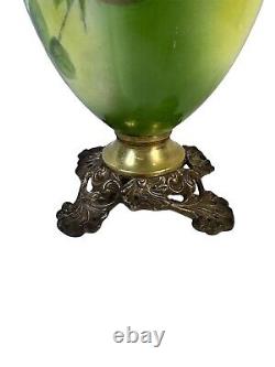 Victorian 1800s Handpainted Oil/ Kerosene Lamp Brass & Porcelain Rose Design