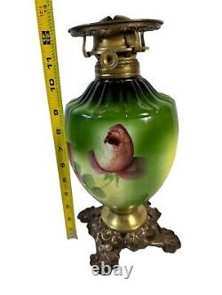 Victorian 1800s Handpainted Oil/ Kerosene Lamp Brass & Porcelain Rose Design