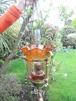 Victorian Amber Hanging rise and fall Oil Lamp not cranberry/vaseline glass