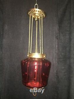 Victorian Antique Cranberry Hanging Hall Oil Lamp