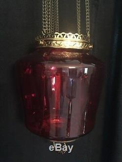 Victorian Antique Cranberry Hanging Hall Oil Lamp