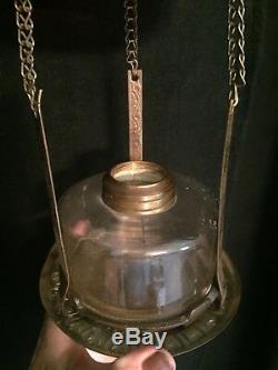 Victorian Antique Cranberry Hanging Hall Oil Lamp