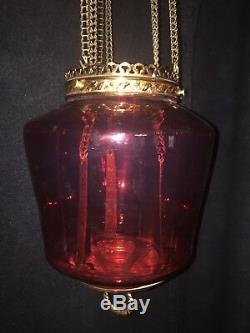 Victorian Antique Cranberry Hanging Hall Oil Lamp