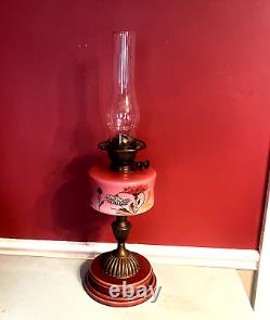 Victorian Antique Cranberry Milk Glass double Buner Oil Lamp 1880